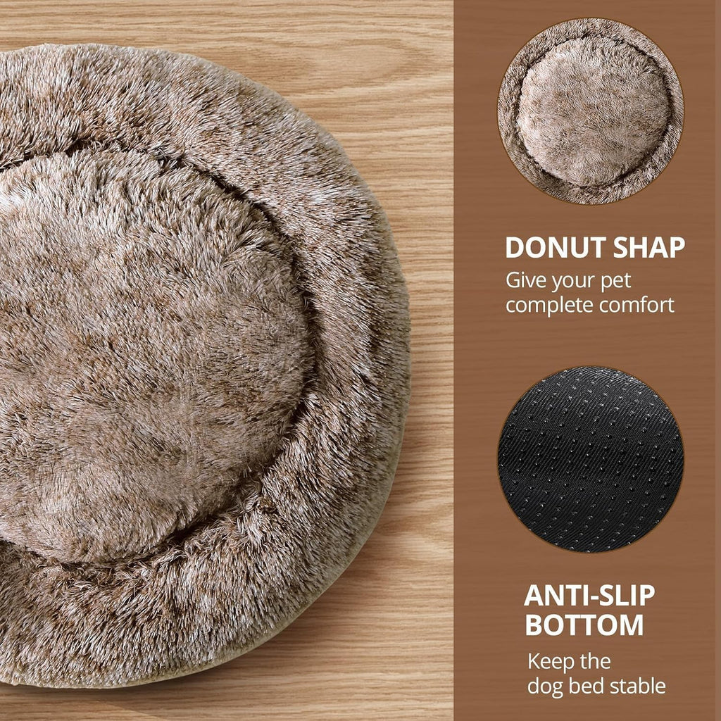 JOLLYVOGUE Calming Small Dog & Cat Bed for Indoor Cats - 20 inches Washable Donut Bed for Kittens & Puppies, Anti-Anxiety Round Fluffy Plush Pet Beds (Fits up to 15 lbs, Smoke Brown)