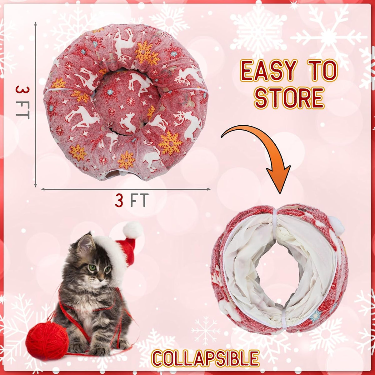 Cat Tunnel Christmas Tree Skirt 3 ft x 3 ft x 10 Inch Cat Bed Donut Cave Indoor Fluffy Circular with Mat and Ball Playground Toys for Festive Kitten Puppy Ferret Rabbit(Red,Elk)