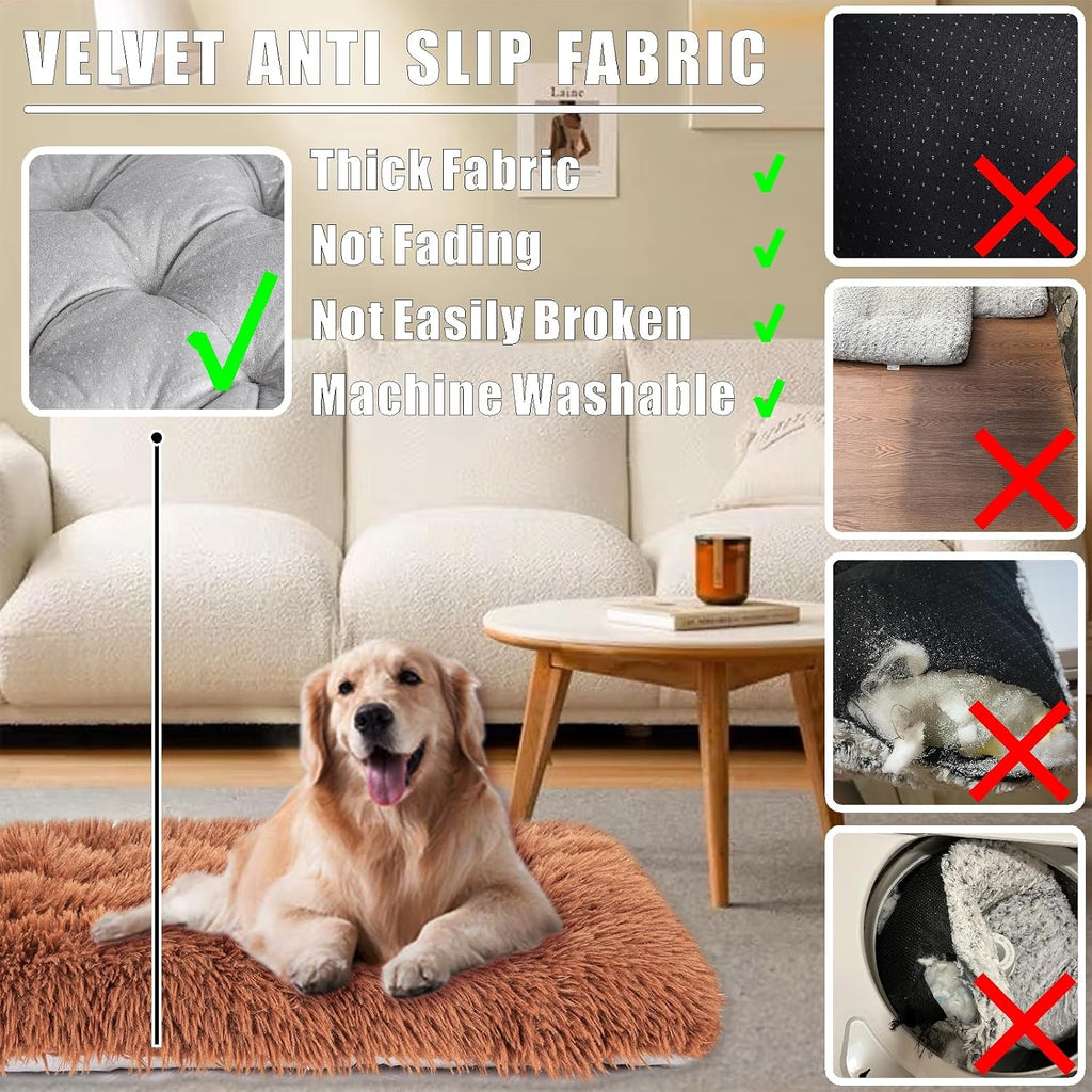 Machine Washable Dog Bed, Deluxe Plush Dog Crate Pad and Cat Bed, Anti-Slip Bottom Kennel Pad Mat, Fuzzy Pet Beds for Large, Medium, Small Dogs Breeds (Brown, 24.0" L x 18.0" W x 3.0" Th x 2 Pack)