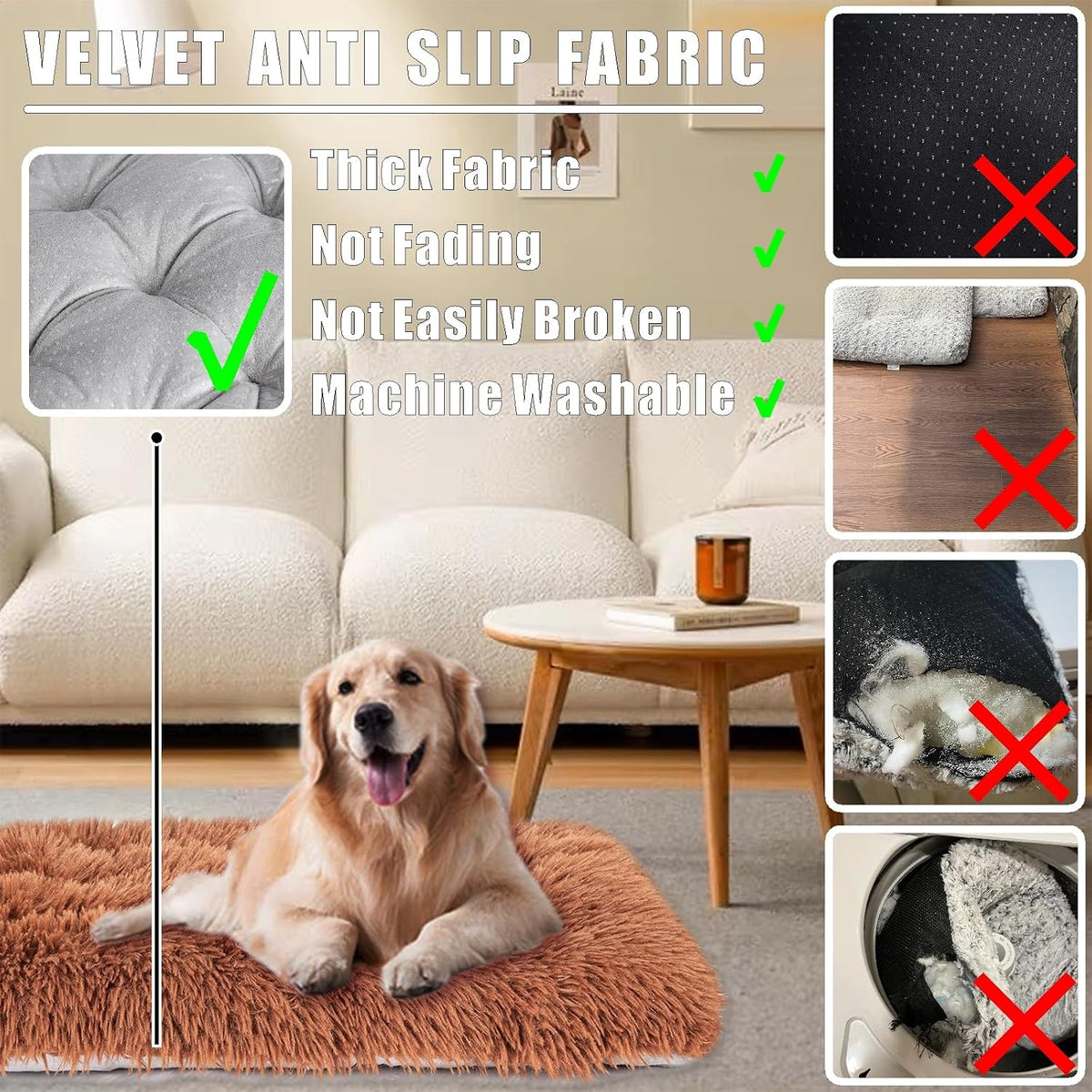 Machine Washable Dog Bed, Deluxe Plush Dog Crate Pad and Cat Bed, Anti-Slip Bottom Kennel Pad Mat, Fuzzy Pet Beds for Large, Medium, Small Dogs Breeds (Brown, 24.0" L x 18.0" W x 3.0" Th x 2 Pack)