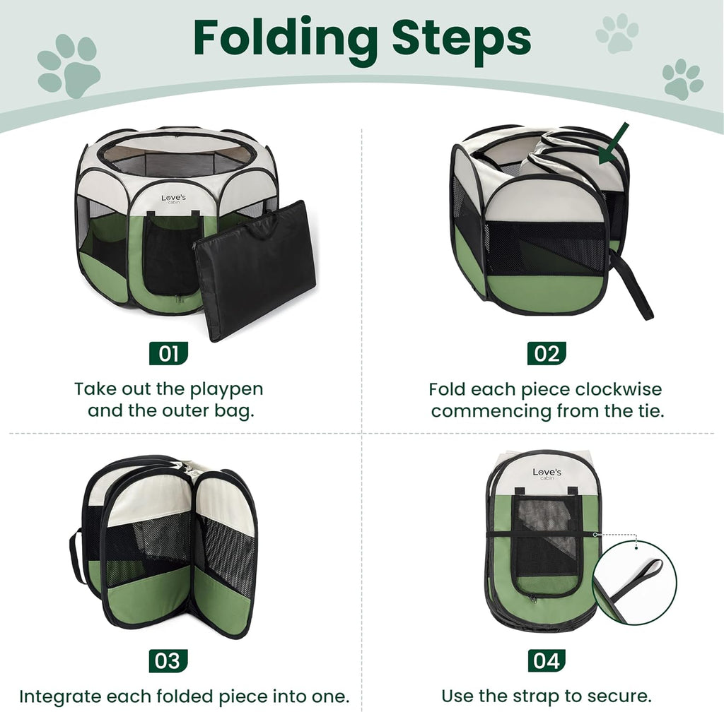 Love's cabin Pet Puppy Dog Playpen, Small Dog Tent Crates Cage Indoor/Outdoor, Portable Playpen for Cat, Foldable Pop Up Dog Kennel Playpen with Carring Case, Removable Zipper Top, Olive Green