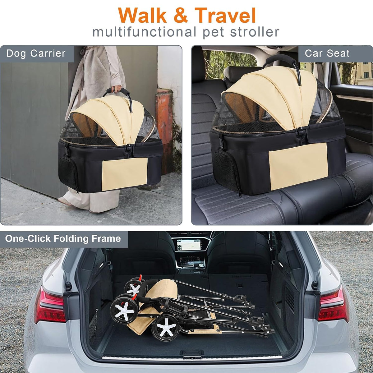 3 in 1 Cat Dog Stroller for Medium Dogs 20 lbs,Pet Stroller for Cats(Brown)