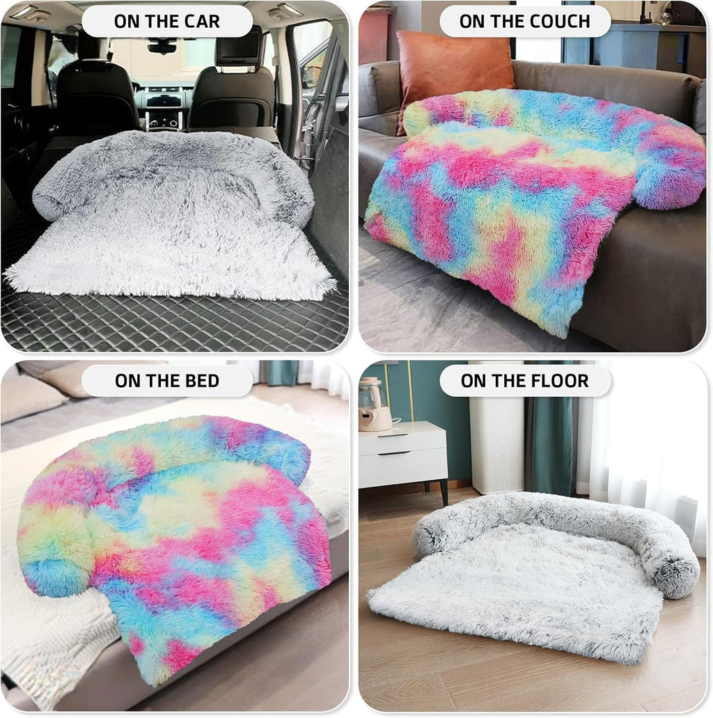 GGIB Calming Dog Bed Fluffy Plush Dog Mat for Furniture Protector with Removable Washable Cover for Large Medium Small Dogs and Cats (Large, Rainbow)