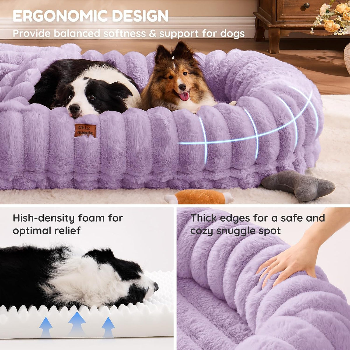 ChiXnuggle Orthopedic Human Dog Bed,Striped Faux Fur Washable Cover,Blanket