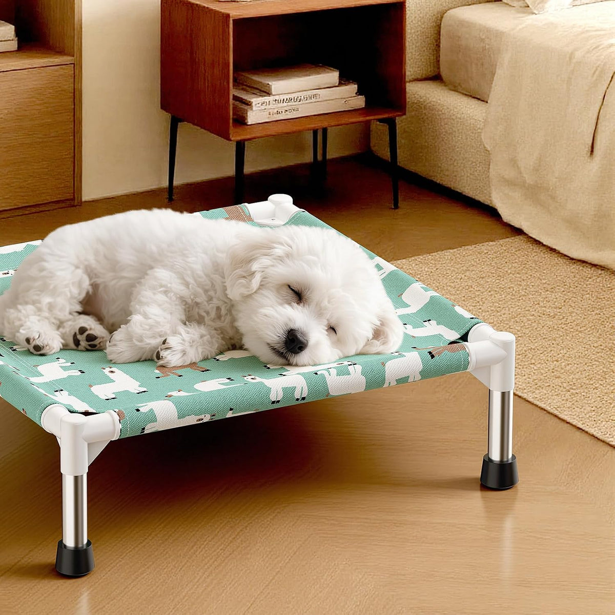 Cute Alpaca Print Elevated Dog Bed - Portable Cooling Pet Cot for Small Dog