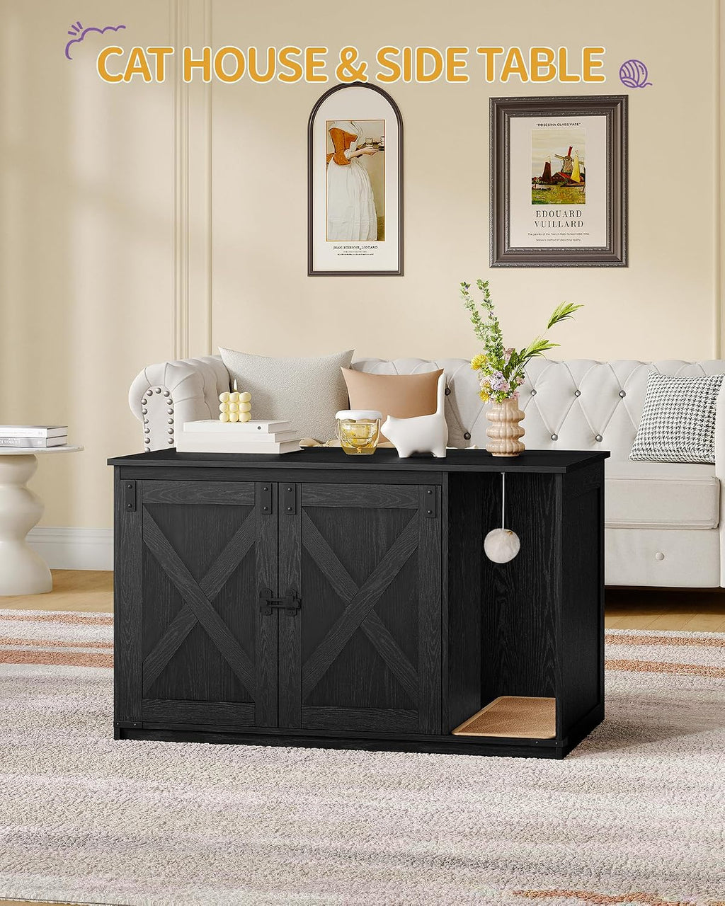Hzuaneri Cat Litter Box Enclosure, Hidden Litter Box Cabinet Furniture | Indoor Cat House with Bell, Farmhouse Style, 31.5 x 19.7 x 20.9 Inches, for Hallway, Bedroom, Black CB85204X