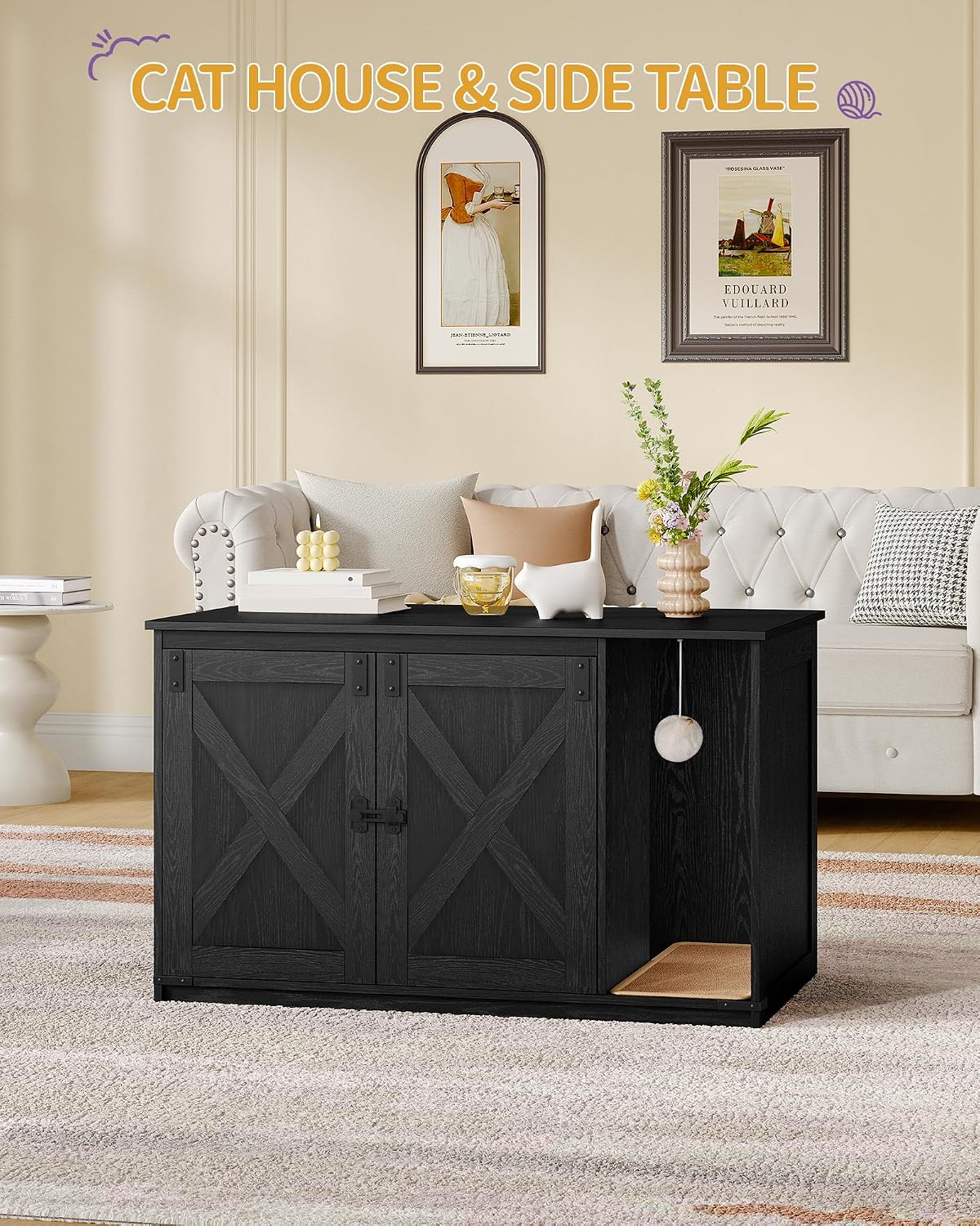 Hzuaneri Cat Litter Box Enclosure, Hidden Litter Box Cabinet Furniture | Indoor Cat House with Bell, Farmhouse Style, 31.5 x 19.7 x 20.9 Inches, for Hallway, Bedroom, Black CB85204X