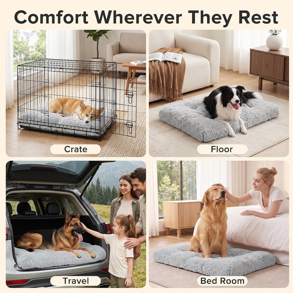 JOEJOY Dog Bed Crate Pad, Deluxe Plush Washable Dog Beds Fulffy Soft Kennel Pad Anti-Slip Pet Sleeping Mat for Medium Small Dogs, 29" x 21", Grey