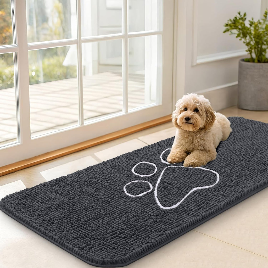 OLANLY Dog Door Mat for Muddy Paws 47x20, Paw Print Design Chenille Mud Mat