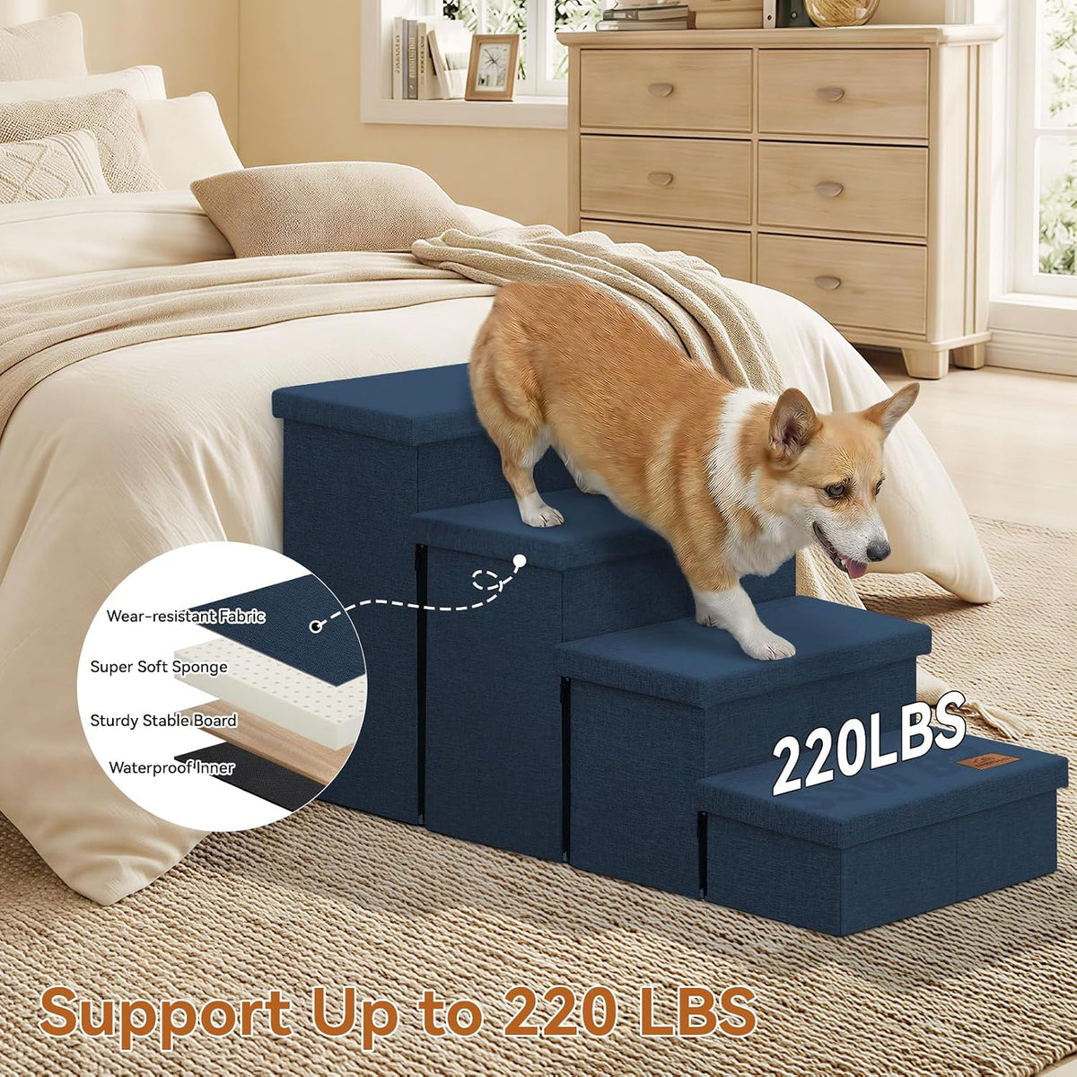 Zerbuger Dog Stairs with Storage, Navy Blue 4 Steps Dog Ramp no Condo