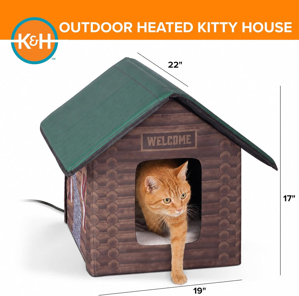 K&H Heated Cat House, Outdoor Kitty Shelter, Safety Listed, 20W, Log Cabin
