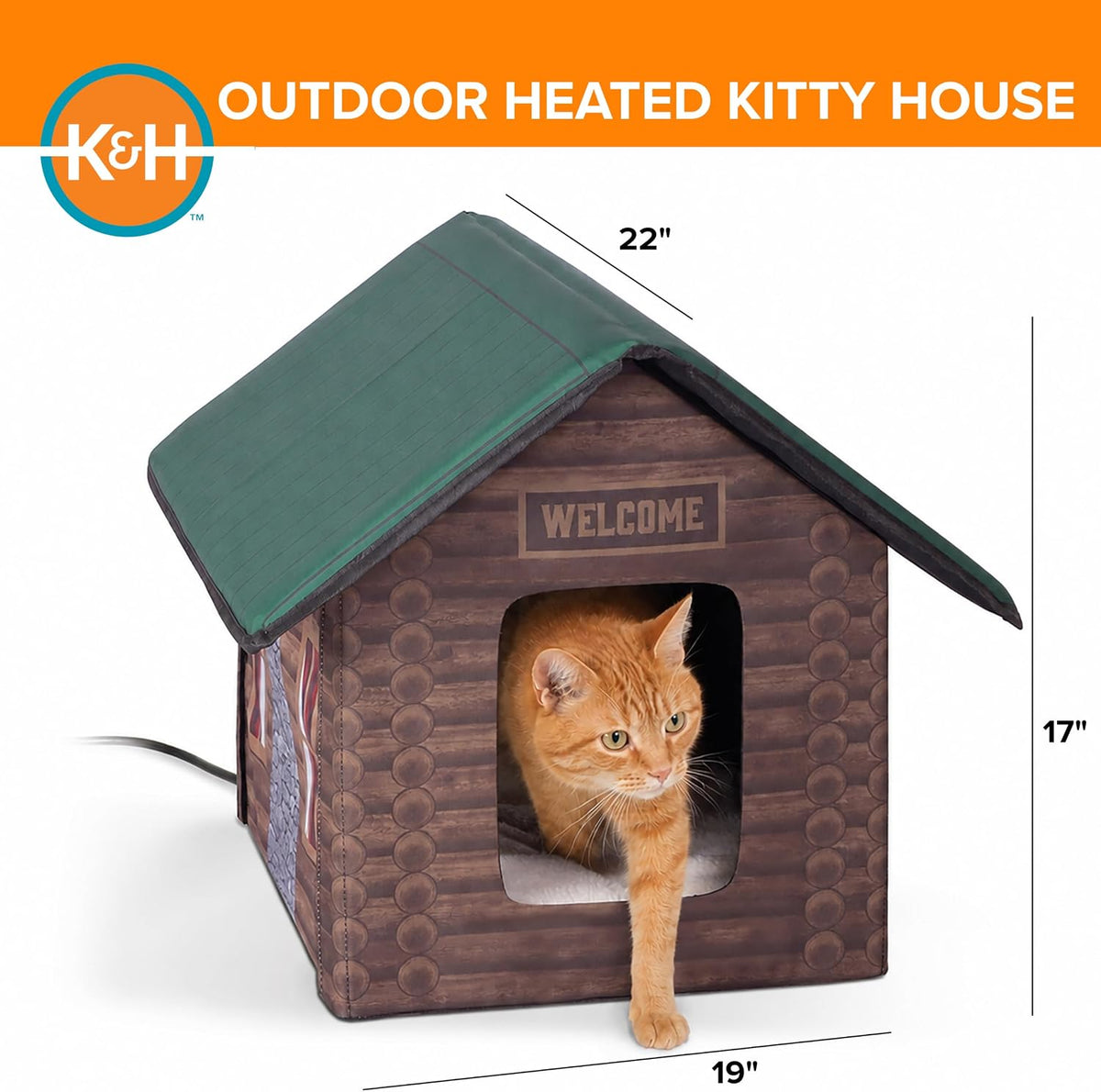 K&H Heated Cat House, Outdoor Kitty Shelter, Safety Listed, 20W, Log Cabin