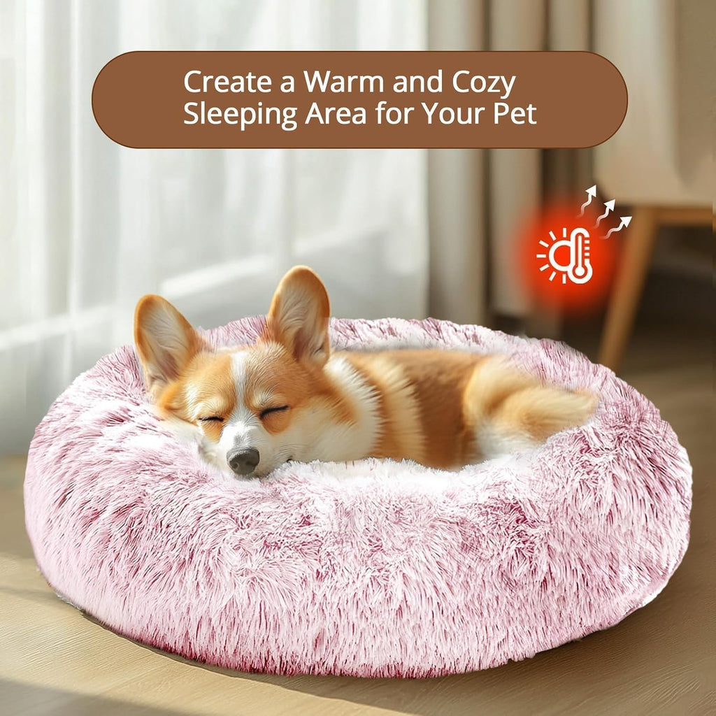 JOLLYVOGUE Calming Dog Bed for Small Dogs - 23 inches Donut Washable Small Dog Bed for Kittens & Puppies, Anti-Slip Round Fluffy Plush Faux Fur Cat Beds (Fits up to 25 lbs Pets, Smoke Pink)