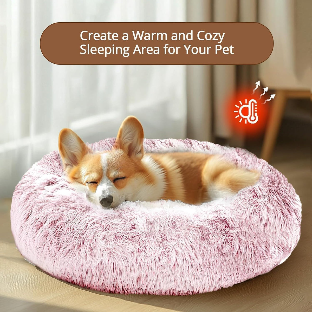 JOLLYVOGUE Calming Dog Bed for Small Dogs - 23 inches Donut Washable Small Dog Bed for Kittens & Puppies, Anti-Slip Round Fluffy Plush Faux Fur Cat Beds (Fits up to 25 lbs Pets, Smoke Pink)