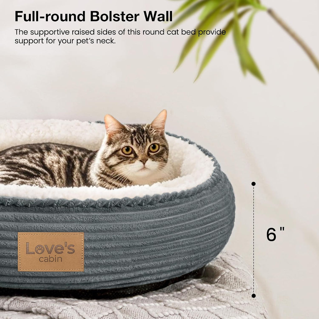 Love's cabin Round Donut Cat and Dog Cushion Bed, 20in Pet Bed for Cats or Small Dogs, Anti-Slip Water-Resistant Bottom, Super Soft Durable Fabric Pet beds, Washable Cat Dog Bed Stripe Bluish Grey