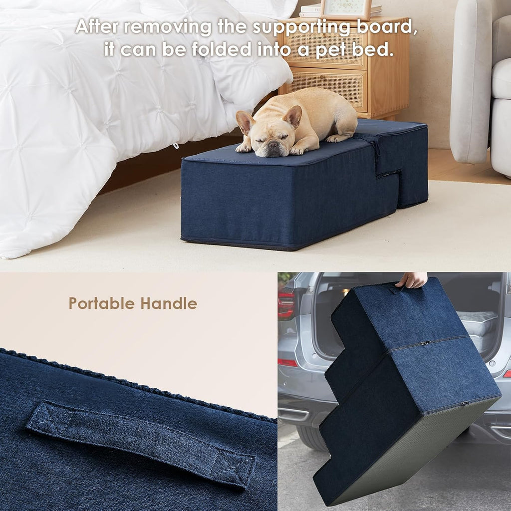 EHEYCIGA Dog Stairs for Bed 20" H, 4-Step Extra Wide Dog Steps, Navy
