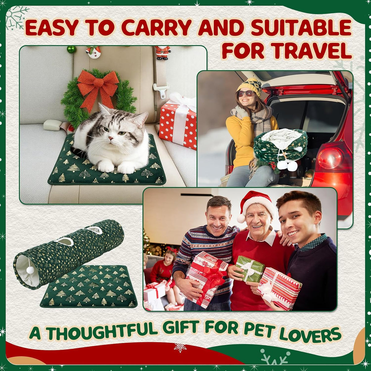 Thyle 2 Pcs Christmas Cat Tunnel & Self Heating Pad, Indoor, 49×12 in Green