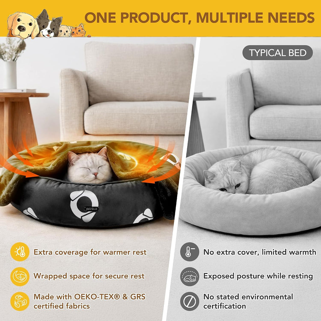 PETNOVO Dog Bed with Reversible Blanket for Cats and Small to Medium Dogs