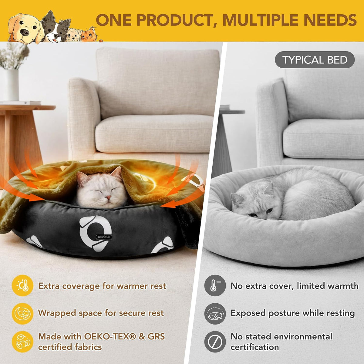 PETNOVO Dog Bed with Reversible Blanket for Cats and Small to Medium Dogs