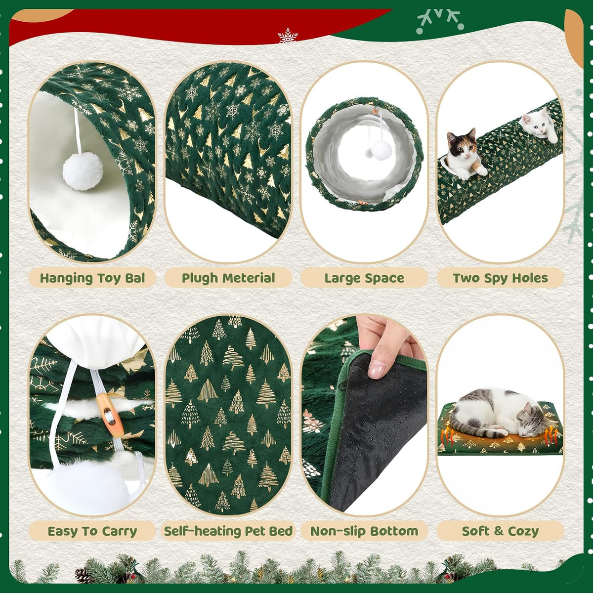 Thyle 2 Pcs Christmas Cat Tunnel & Self Heating Pad, Indoor, 49×12 in Green