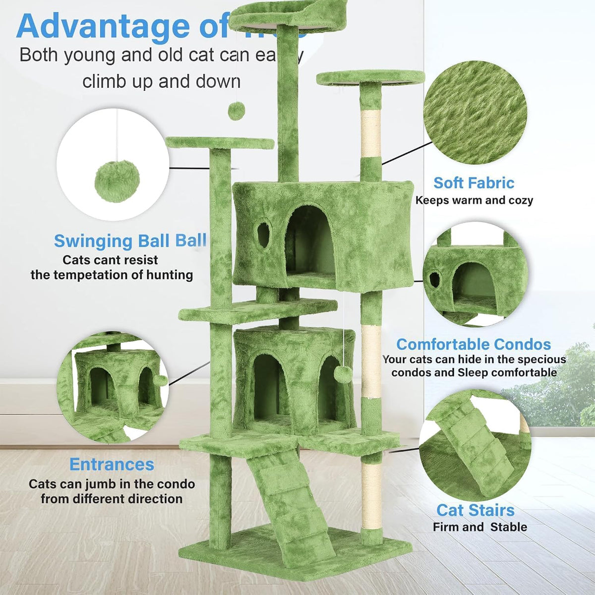 FDW | 70" Cat Tree Tower | Green | Multi-Level Indoor Activity Center