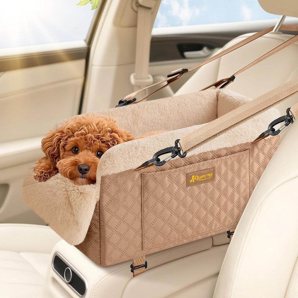 QUMY Middle Center Console Dog Car Seats for Small Dogs Up to 11lbs, Khaki