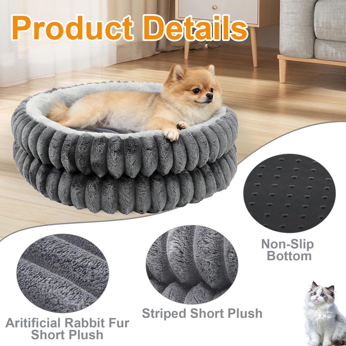 Washable Round Donut Dog Bed,Cat Beds for Indoor Cats(Grey,M)