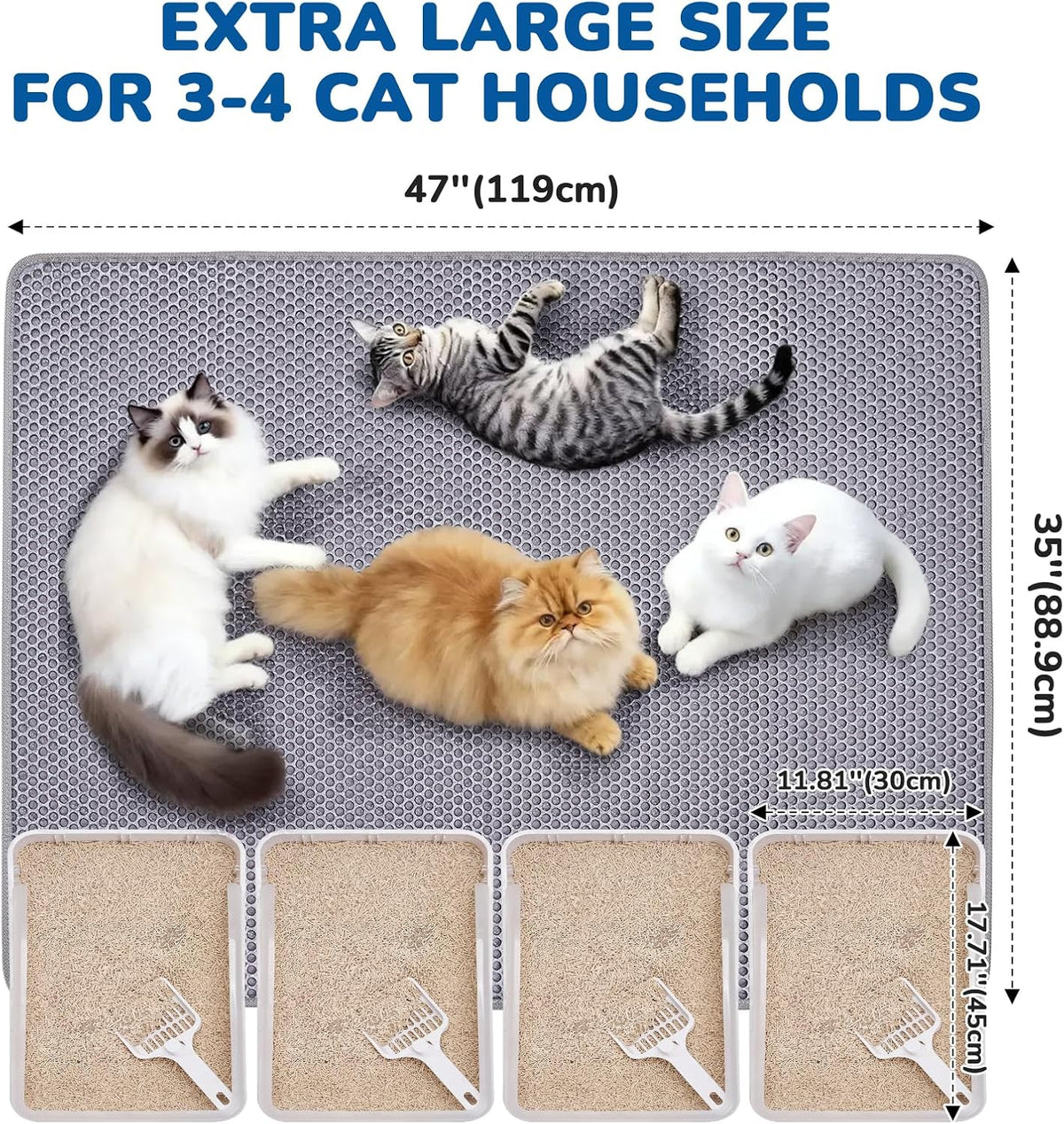 BurgeonNest Cat Litter Mat 47" x 35" XL, Washable Urine-Proof Non-Slip Gray | Machine Washable, Upgraded Felt & Fabric Material Litter Mat for Fewer Creases, Hold 3-4 Litter Boxes, Soft on Paws