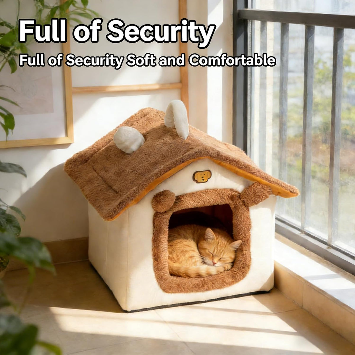 Cat Bed for Indoor Cats, Cartoon Pattern Cat Cave Bed with Handle Design, Soft Cat Hideaway Indoor, Lovely Cat House for Kitten, Puppy & Small Pets(L)