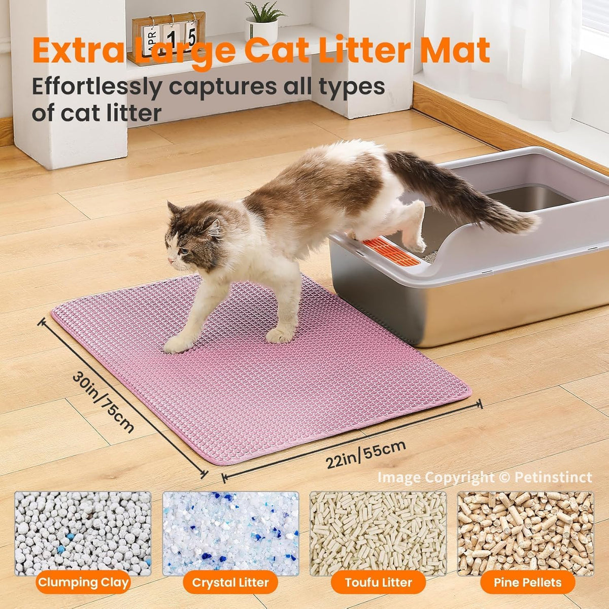 Extra Large Cat Litter Mat, Double Layer Honeycomb Design, Pink | 30x22”, Reduces Litter Tracking, Easy to Clean, Waterproof, Non-Slip, Soft on Paws, Scratch Resistant, Pink, XL