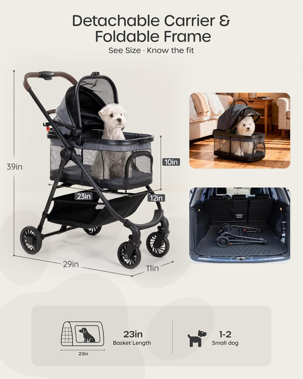 Pet Stroller for Small Dogs & Cats, Foldable with Detachable Carrier