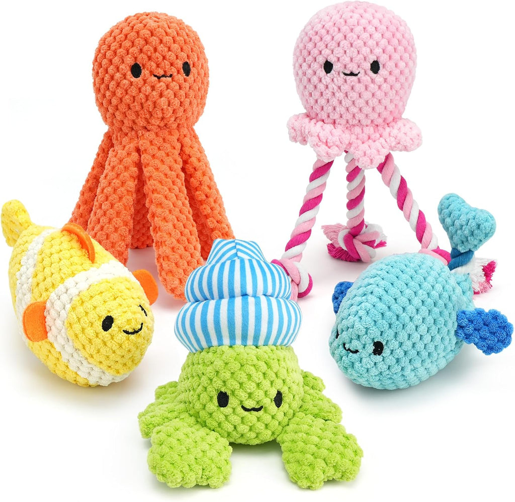 PrimePets 5 Pack Squeaky Dog Toys, Plush Crinkle Dog Toys for Small Medium Dogs, Stuffed Tough Puppy Chew Toy to Keep Them Busy, Interactive Pet Toy