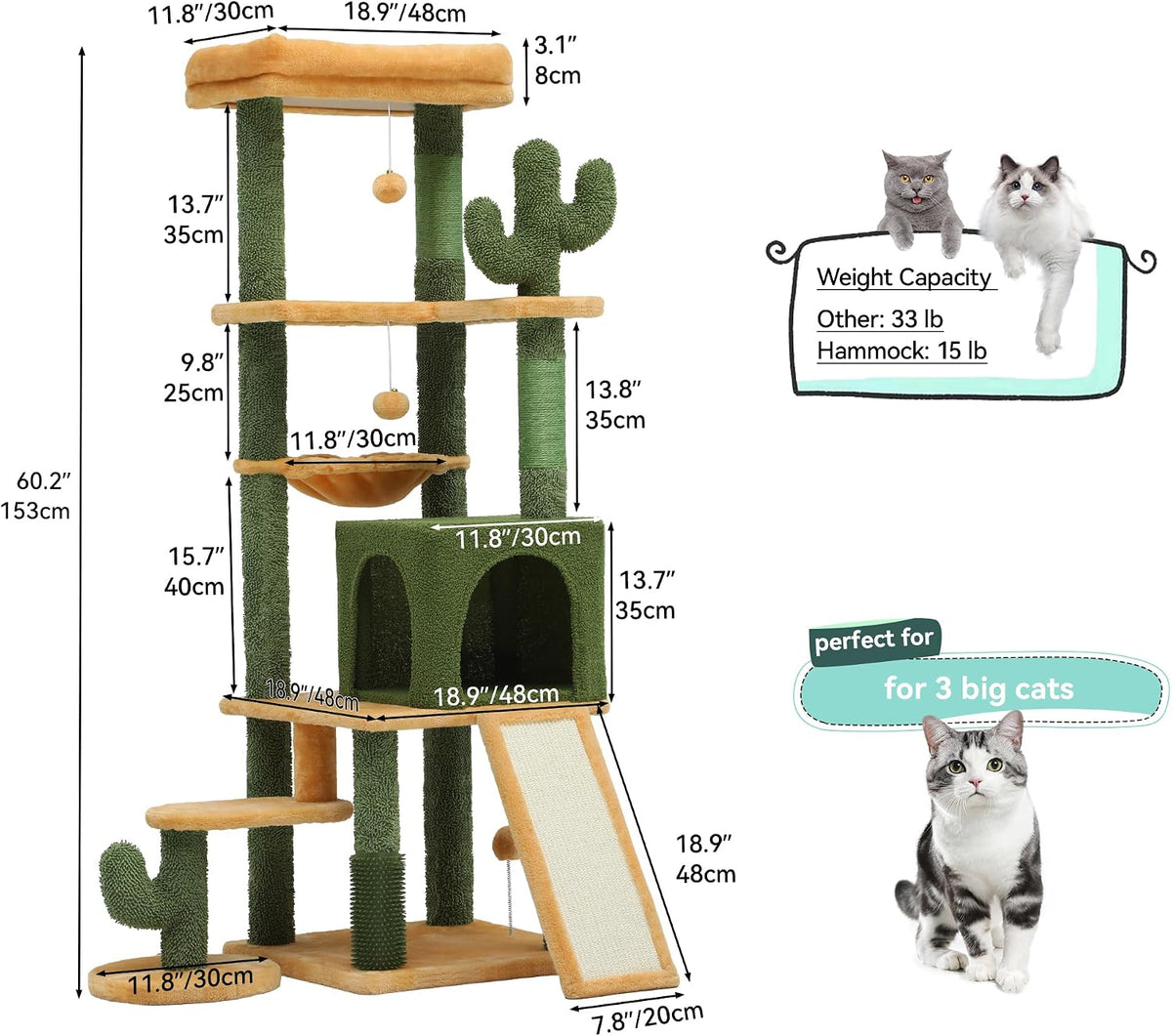 YITAHOME 60in Cactus Cat Tree: Multi-Level Tall Kitty Tower Indoor
