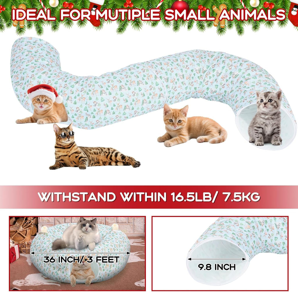Hollowfly Woodland Christmas Cat Bed Tunnel 3ft x 3ft x 9.8in Winter Forest Under Tree Cat Donut Tunnels Snowman Reindeer Plush Peekaboo Cave Toy Collapsible 3 Way Xmas Gifts for Small Kitty