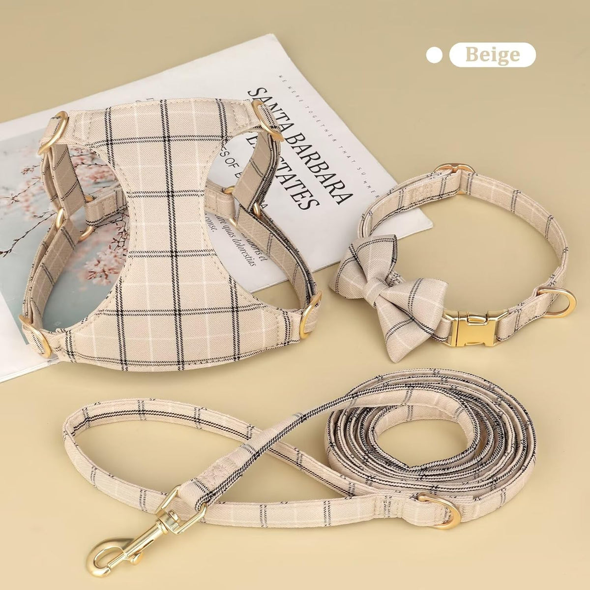 Beirui Cute Small Dog Harness and Leash Set Bowtie, Beige,XS,Chest 13-28"