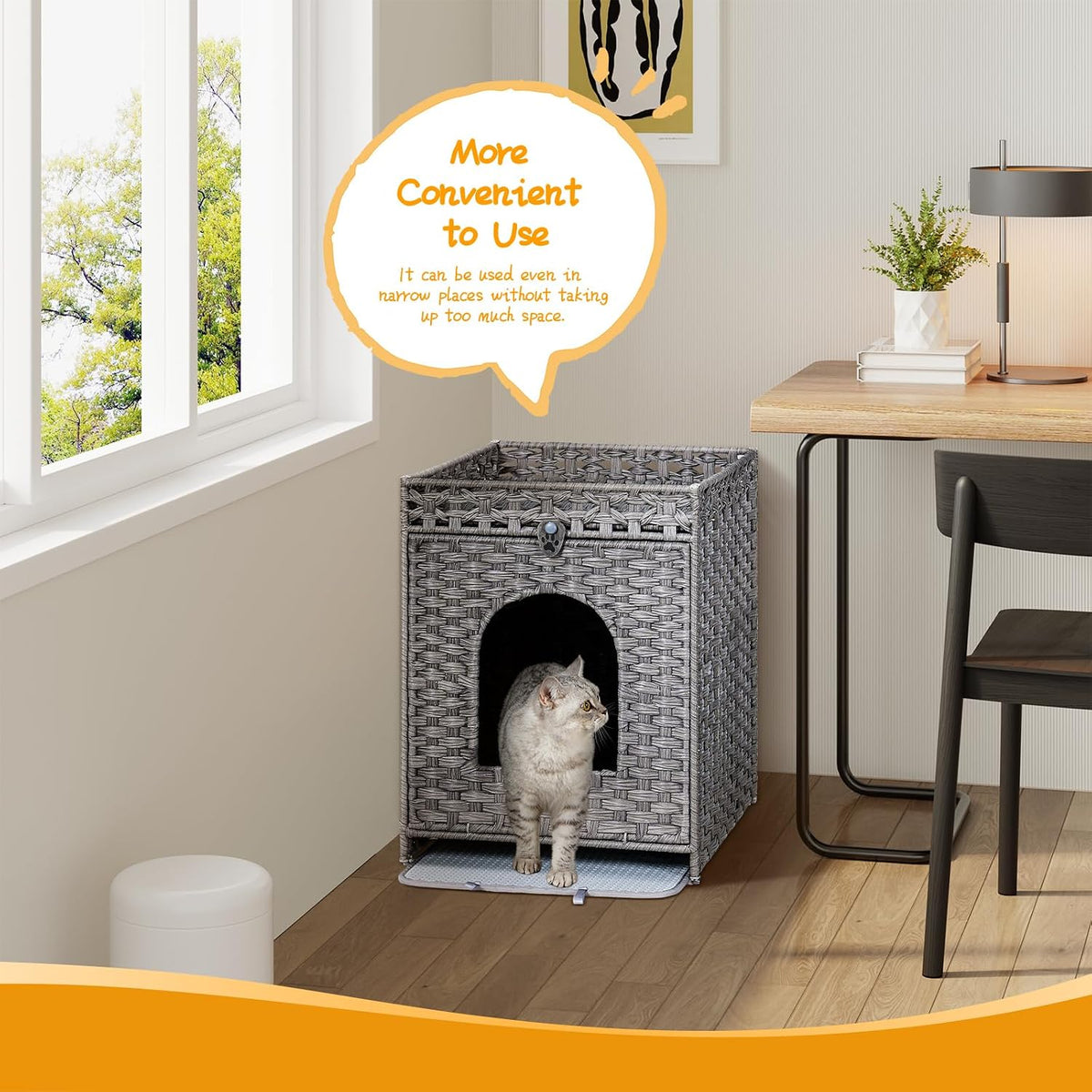 Snughome Cat Litter Box Enclosure Furniture Hidden with Cat Litter Mat, Hidden Cat Washroom Furniture with Door, Handwoven Rattan Cat Washroom Box, Indoor Pet House for Living Room, Bedroom(Grey)