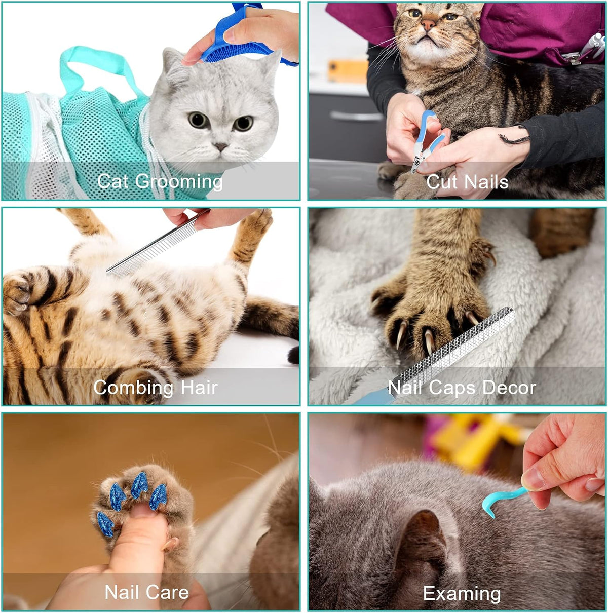 JULMELON 10 PCS Cat Washing Bag for Bath Shower Adjustable Net Grooming Set | Pet Brush Nail Clipper File, Hair Combs Tick Tool, Nail Caps, Bathing Trimming Examination, Grey and Green 