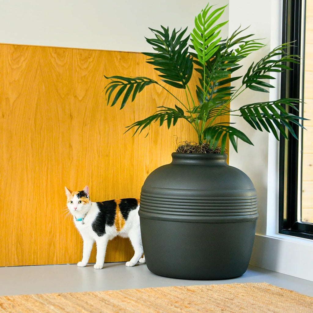 Good Pet Stuff Original Hidden Litter Box Planter, Decorative Cat Litter Enclosure, Carbon Filter, Faux Plant, Easy to Clean, Round Design, Removable Tray, Essentials Kit, Palm Plant, Charcoal Black