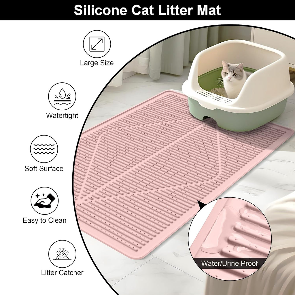 Mofason Silicone Cat Litter Mat XXL - Pink Extra Large Cat Litter Box mat | Waterproof & washable 38"x25" kitty cat litter mat for floor, extra large litter trapping; cat litter catcher mat easy clean