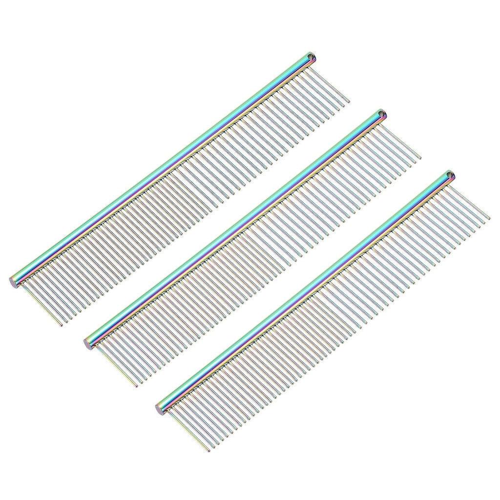 Dog Cat Comb, Pet Combs Stainless Steel Teeth with Rounded Ends for Knots Mats Loose Hair Removal, 7.5IN (Colorful Plated, 3 Pack), Grooming Tool Intended for Long Curly Hair Pet