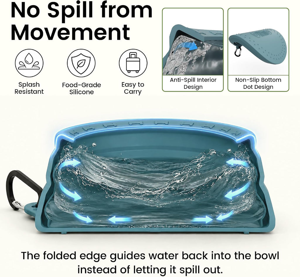 OHMO Spill Proof Collapsible Dog Bowl, 34oz Portable Dog Water Bowl | Low Center Gravity Stability, Tapered Splash Control, Foldable, Dishwasher Safe, Dog Travel Essential, Light Blue