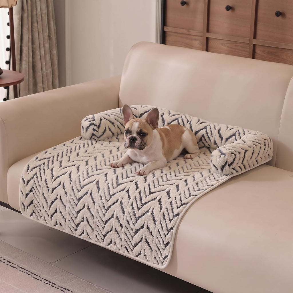 Calming Dog Couch Bed Mats with Neck and Head Support, Fluffy Plush Pet Sofa Cover for Small Medium Dogs and Cats, Non-Slip Bottom, Machine Washable