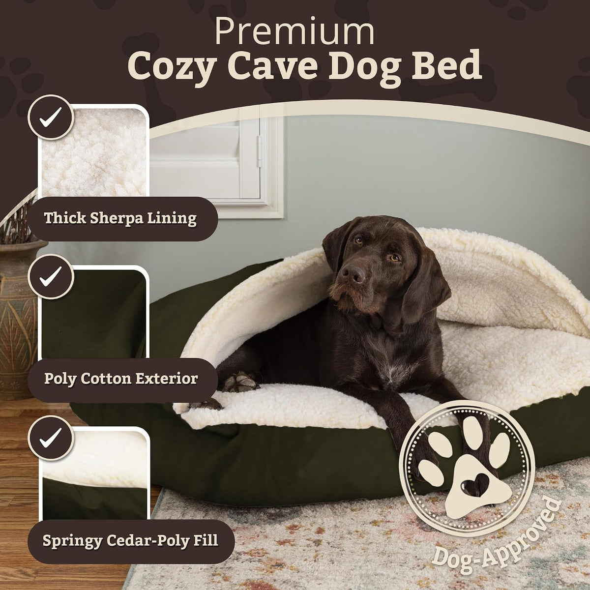 Snoozer Rectangle Cozy Cave Dog Bed, Hooded Dog Bed, Olive (XL)