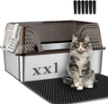 Suhaco XXL Stainless Steel Litter Box with High Sided Deep Side Entry Deep Extra Large Metal Litter Box Included Mat & Scoop Anti-Urine Leakage Cat Litter Boxes for Big Cats (Black)