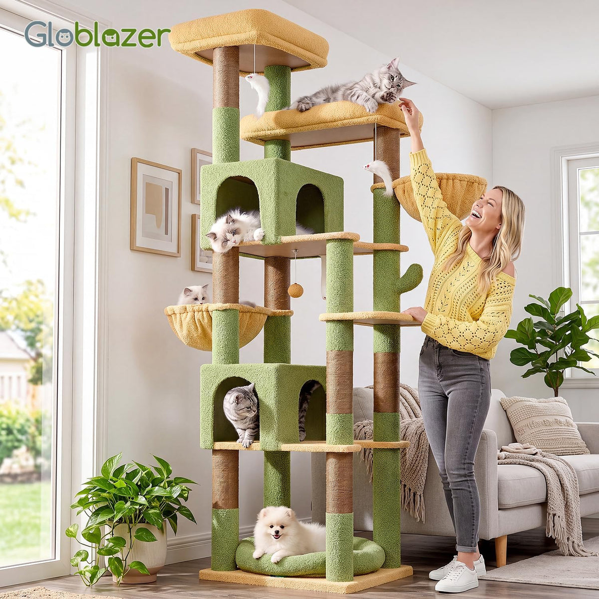Globlazer Sturdy Extra Large Cactus Cat Tower for Indoor Cats, S81C, Green