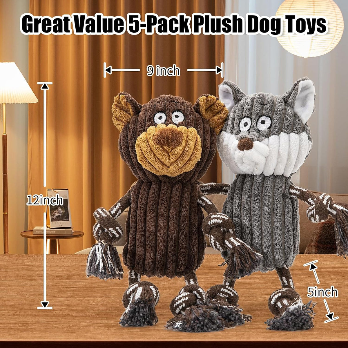 5 pack Large dog Squeaky Toys,Tough Stuffed Plush dog chew Toys Assortment ,Durable plush Animal dog Toys with Tug of War Rope to Keep Them Busy, Puppy Toys Value Bundle for Small Medium Large Dogs