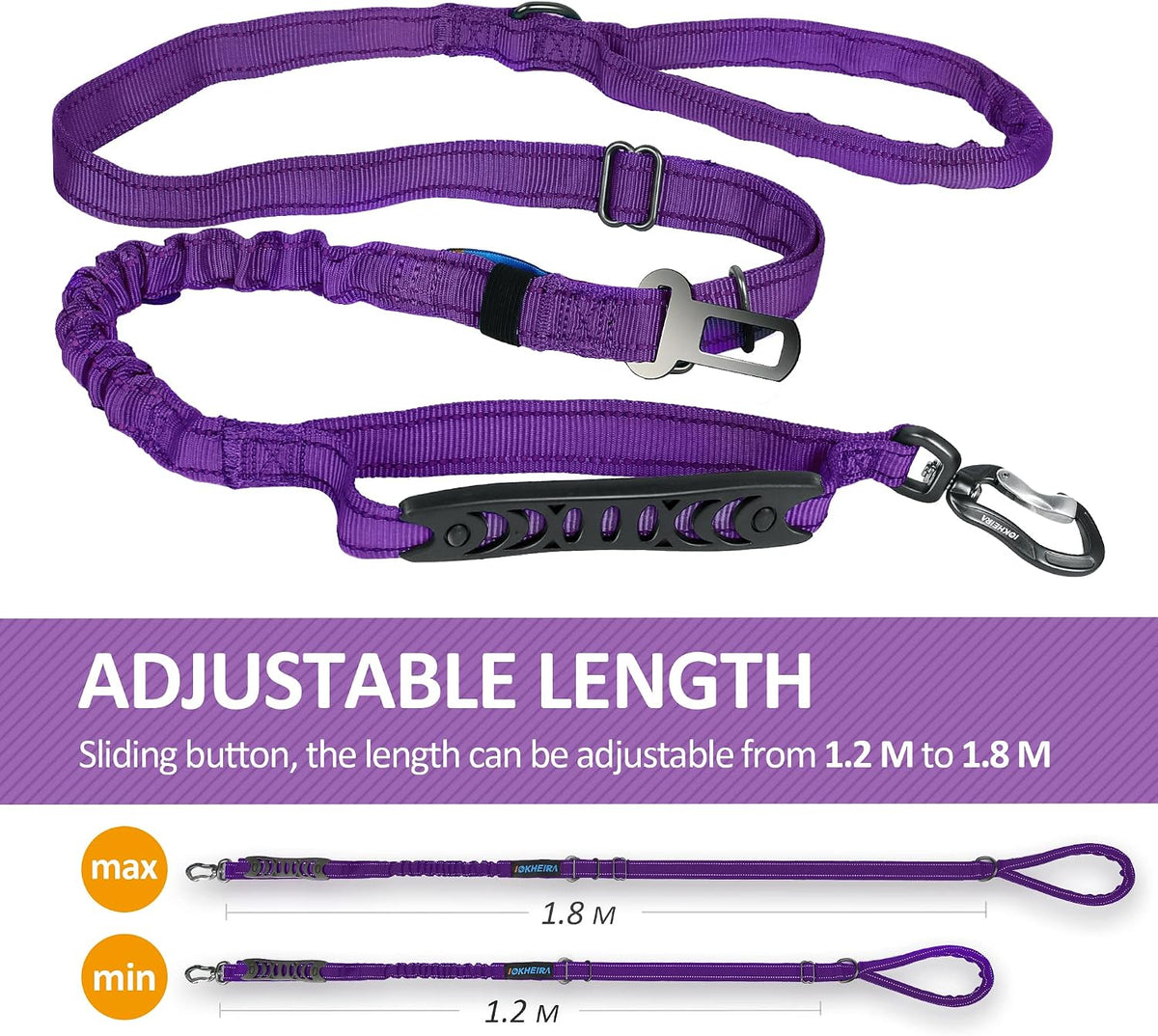 IOKHEIRA Multifunctional Dog Leash for Large and Medium Dogs - Adjustable With Car Seatbelt, 4-6 FT Strong Bungee, Purple