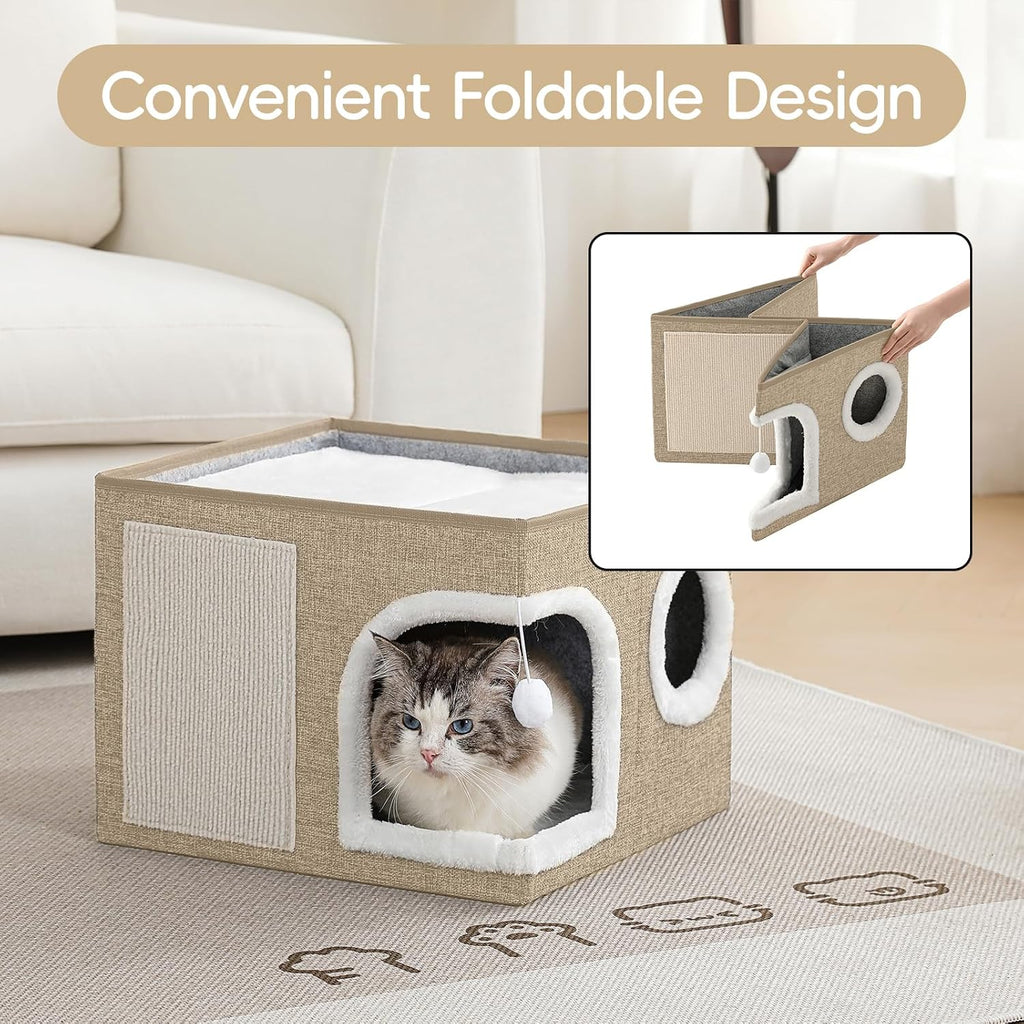 Cat Beds for Indoor Cats,Large Cat Cave House with Scratch Pad and Fluffy Ball,Foldable Cat Condo Hideaway, Modern Kitten Bed, Khaki‌