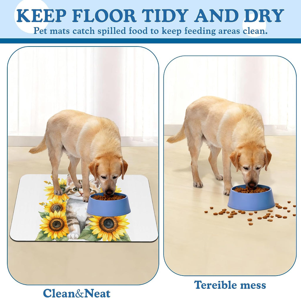 Cute Cat Sunflower Pet Feeding Mat for Floors–Absorbent Quick Dry Dog Cat Bowl Mat for Food and Water, Non Slip Waterproof Base, Mess-Free Feeding Accessories 12"x20"