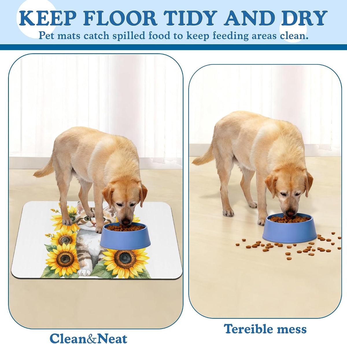 Cute Cat Sunflower Pet Feeding Mat for Floors–Absorbent Quick Dry Dog Cat Bowl Mat for Food and Water, Non Slip Waterproof Base, Mess-Free Feeding Accessories 12"x20"